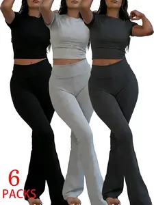 Women's 6-Pack Flare Pants Set, Soft Stretchy Knit Fabric, High Waist Slim Fit Cropped Top & Bootcut Long Pants Loungewear, Casual Daily Sports Streetwear, Black/Grey/Dark Gray Sets, Athleisure Wear Set