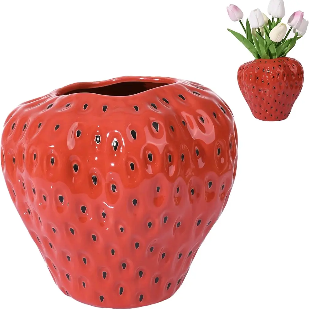 Strawberry Vase, Ceramic Strawberry Vase for  Flowers, Herbs, Decorative Cute Vase Cool Vase for Strawberry Party Home Decor  Plants Gift Centerpiece Colorful Floral Glossy