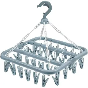 Clothes Drying Hanger with 32 Clips Foldable Drip Hanging Rack (Light Blue)