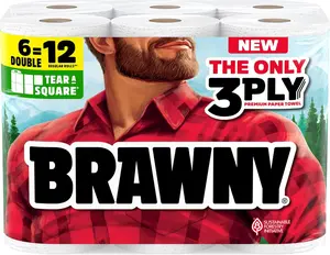 Brawny Tear-A-Square 3-Ply Paper Towels, 6 Double Rolls = 12 Regular Rolls, Strong Absorbent Durable with 3 Sheet Sizes Quarter Half Full