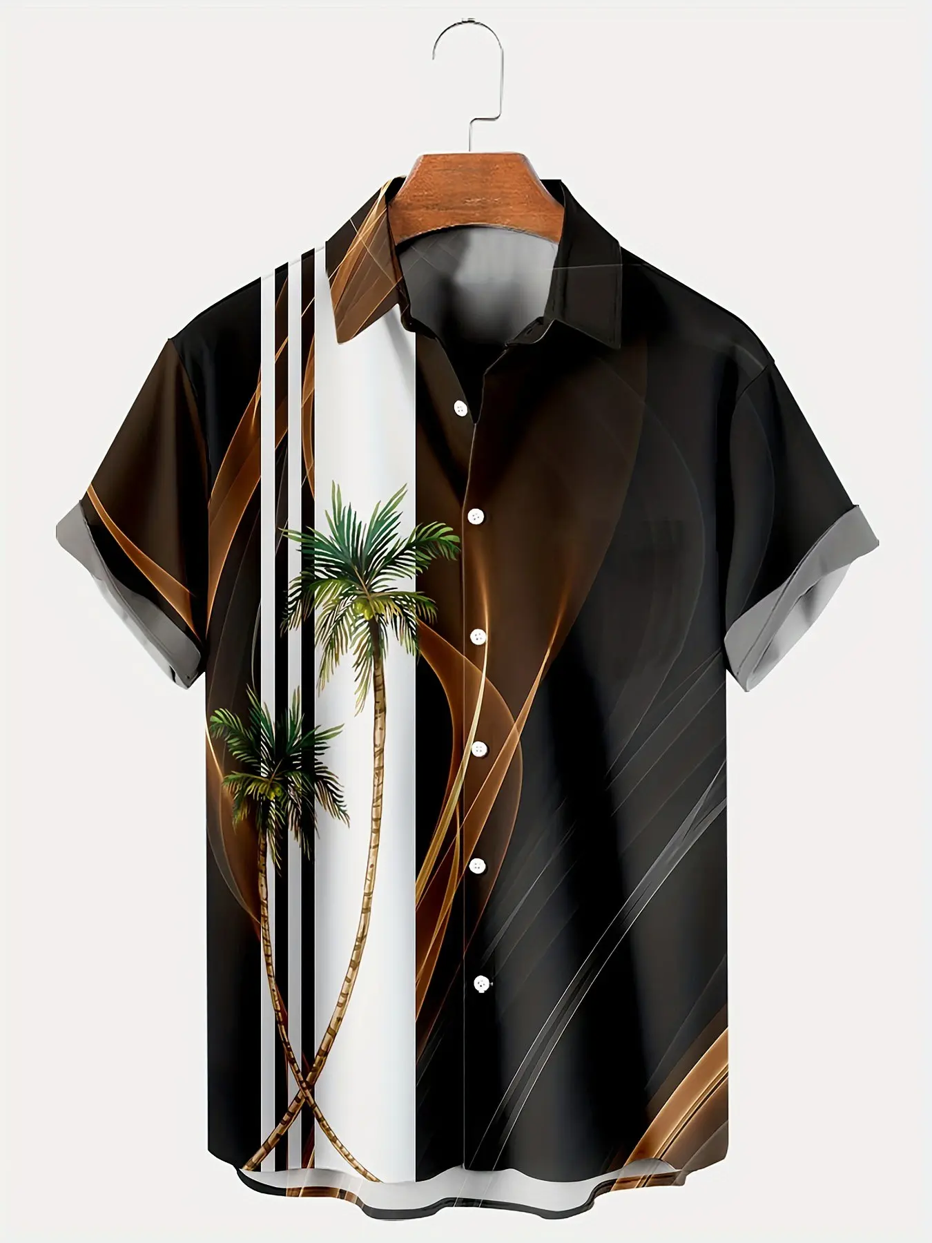 Hawaiian Tropical Men's Vacation Gradient Coconut Tree Button Shirt, Casual Short Sleeve Slim-Fit, Asymmetrical Design, Random Print