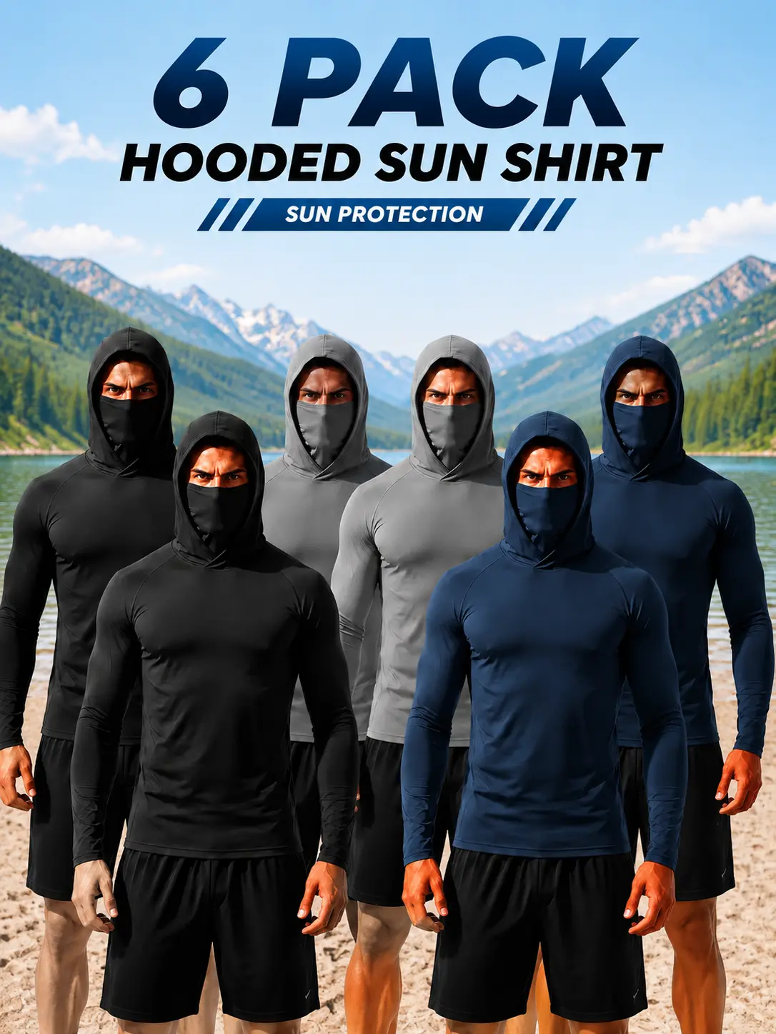 ¡Échale ganas! 6 Hooded Sun Shirts. Hood+mask covers neck & face. Quick-dry, 4-way stretch. Fishing, trail, gym, construction. 6 tops, great deal! ¡Ya!