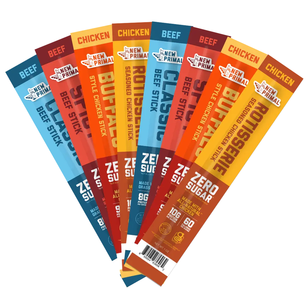 New Primal Meat Stick Variety Pack - Beef & Chicken Snack Sticks, Zero Sugar, High Protein, Gluten Free, Keto & Paleo Friendly, 8 Count