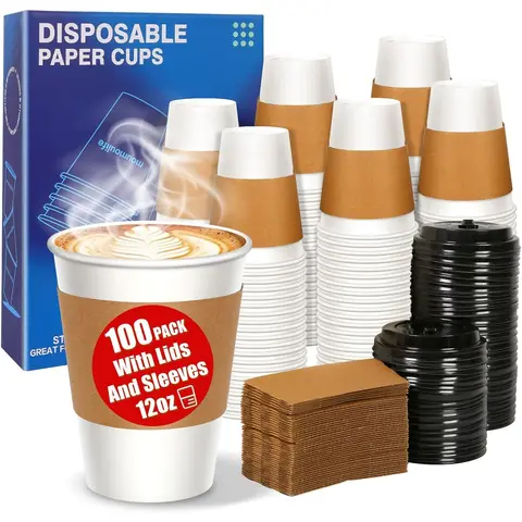 12 oz Paper Coffee Cups with Lids and Sleeves 100 Pack, Sturdy Leak-Proof Design for Hot Drinks, Disposable Coffee Cups for Office, Parties, and Travel