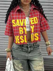 Women's Plaid Button Short Sleeve Blouse Shirt Top, Womenswear, Casual College Street Style Aesthetic, Loose-Fitting Oversized Summer Outerwear, Cool Hip-Hop Design, Fashion, Button Fastening Tops