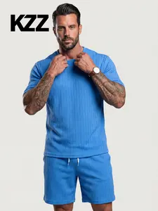 KZZ vacation outfits Two-Piece Set Men's Solid Textured Drop Shoulder Short Sleeve Tee & Drawstring Waist Shorts Set, Spring & Summer Clothes, Loose Casual Fashion Crew Neck christmas gifts for him Tropical SpringStatements
