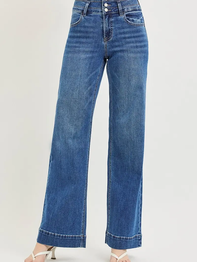 RISEN High Rise Wide Leg Wide Band Detail Jeans