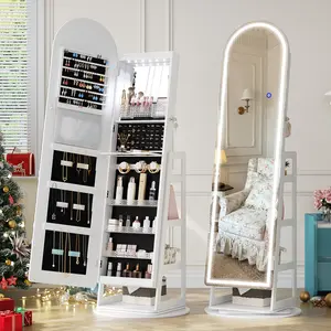 Dystler LED Mirror Jewelry Cabinet Standing, Lockable Jewelry Armoire with Arched Full-Length Mirror and Adjustable LED Lights
