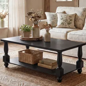 Homieasy Farmhouse Coffee Table with Storage 47" Rectangular Living Room Center Table Solid Wood Legs Thickened Top 2-Tier Design Easy Assembly
