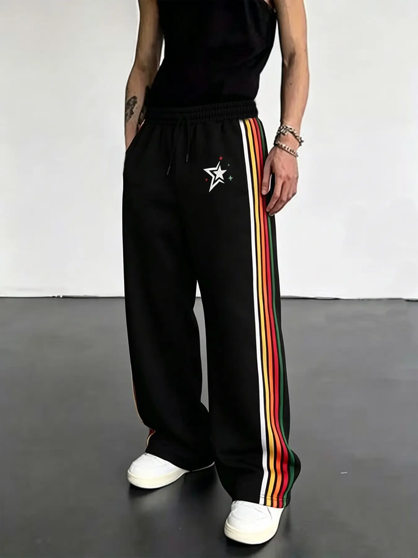 Unisex Rainbow Stripe Star Print Wide Leg Sweatpants, American High Street Loose Fit Sporty Long Pants, Retro Side Stripes Trendy Casual Pants