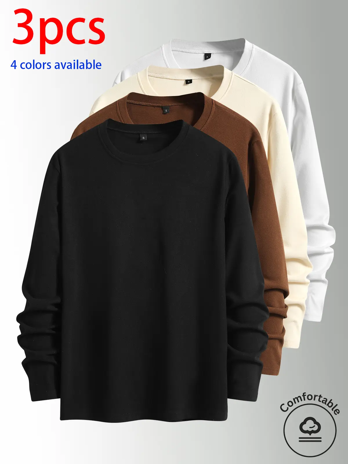 3-pack: men’s long-sleeve shirt, men’s long-sleeve T-shirt, men’s German fleece crewneck long-sleeve T-shirt.Loose, stretchy, versatile base layer top—suitable for everyday wear and layering in autumn/winter. Ideal for casual looks, students, commuting, a
