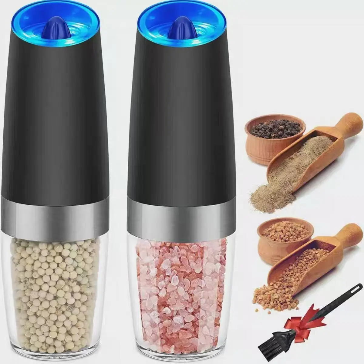 Fathersdaygift Summervibes Refresh Gravity Electric Salt Grinder Set Battery-powered salt grinder with adjustable coarseness,one-handed operation,practical brush head,ceramic kitchen grinder,electric seasoning dispenser that can fill metal spice container