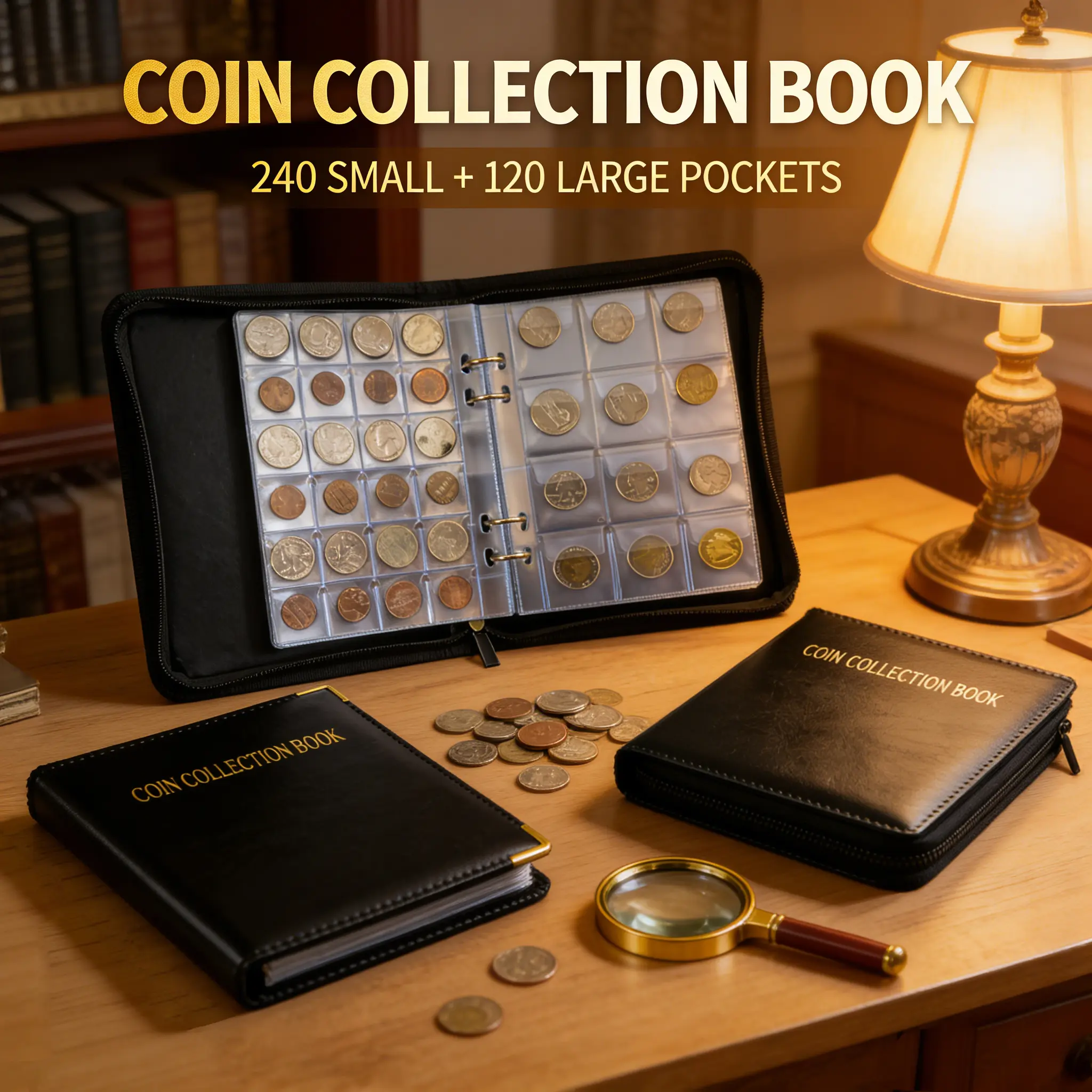 Black Coin & Stamp Collection Album with Zipper, Corner Protectors, Moisture-Shield, Travel-Friendly - 240 Small & 120 Large Pockets, Oxidation-Reducing Home Organizer Storage Holder for Pennies, Nickels, Dimes, Quarters, Half Dollars, Dollar Coins