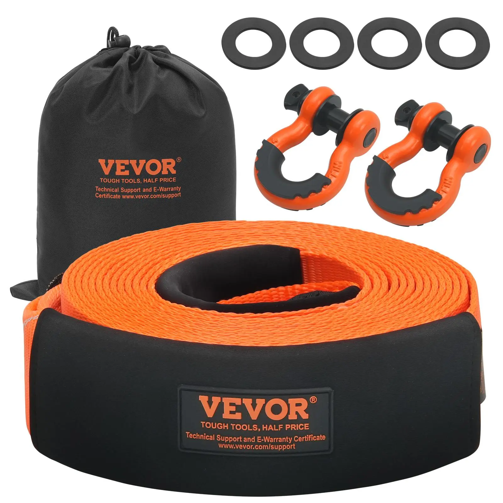 【DealsForYouDays】VEVOR Heavy Duty Vehicle Tow Strap Recovery Kit, 3"x20/30 ft, 36000 Lbs MBS, 3/4" Zinc Waterproof D-Ring Shackles, Triple Loop, Reinforced Loops, Protective Sleeves, Storage Bag, Tree Saver Winch Strap for Trucks, Boosts Lifespan, 3X30ft