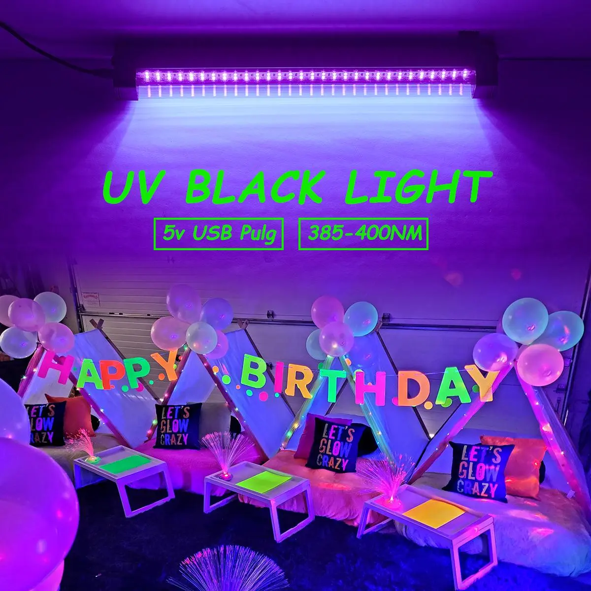 UV Blacklight LED Flood Light (33cm), 60 High-Quality 395nm UV Beads, 5V USB Plug, 100cm Plastic Cord, Indoor Party Lights for Glow Party, Mood Lighting, Body Paint Decor, Indoor Lighting