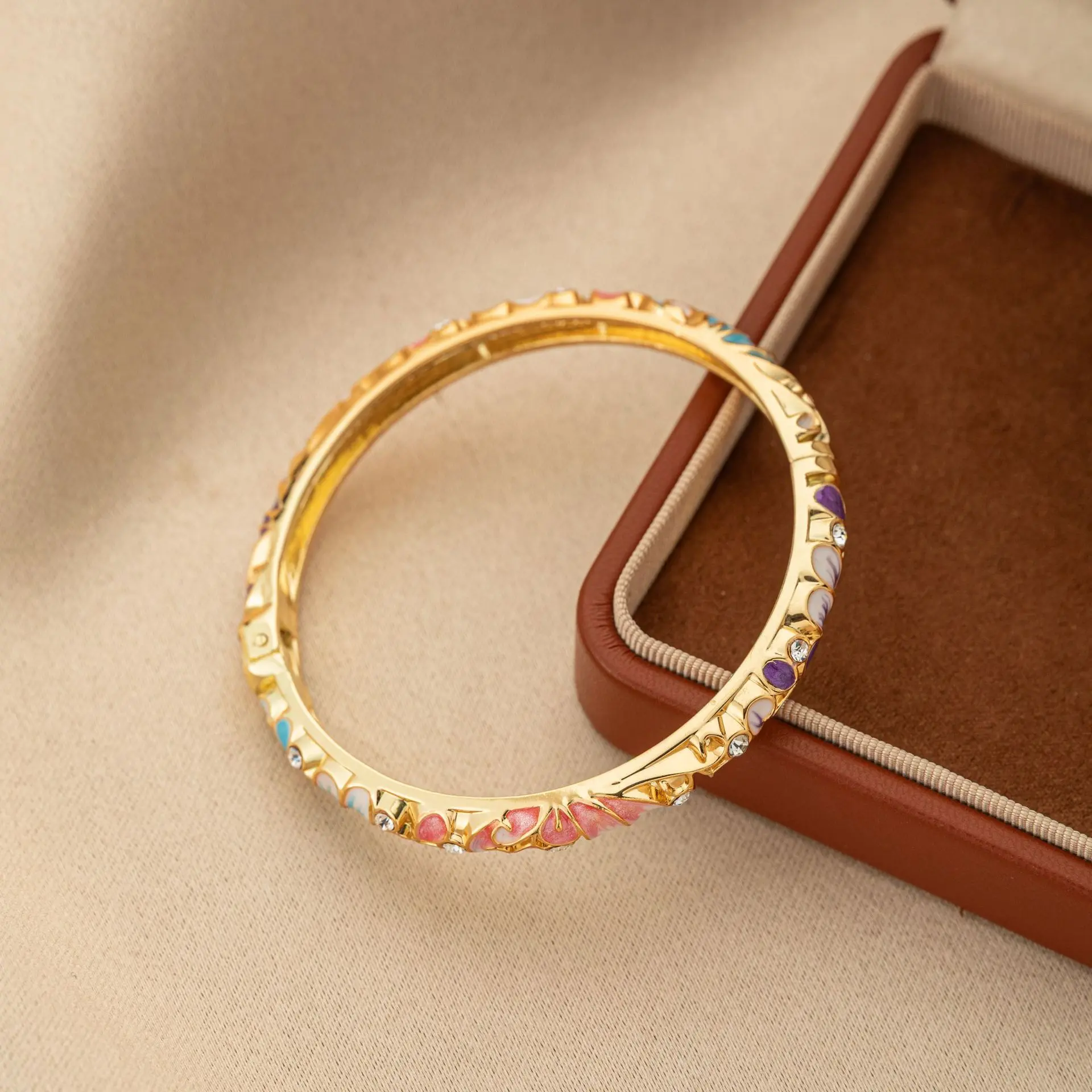Virelyn B Gold Tone Butterfly Floral Enamel Bangle Bracelet for Women, Rhinestone Hinged Bracelet, Vintage Elegant Jewelry, Wedding, Party, Anniversary & Birthday Gift