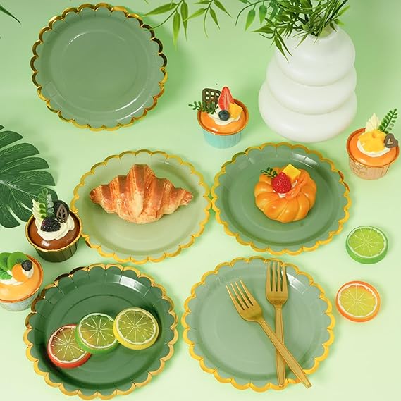 Green mix scalloped party plates with napkins and fork gold foil border, 24 Guest disposable Tableware Set Sage Green Party Decoration for Birthday Coquette Bridal Baby Shower Valentines Green mix scalloped party plates with napkins and fork gold foil border, 24 Guest disposable Tableware Set Sage Green Party Decoration for Birthday Coquette Bridal Baby Shower Valentines