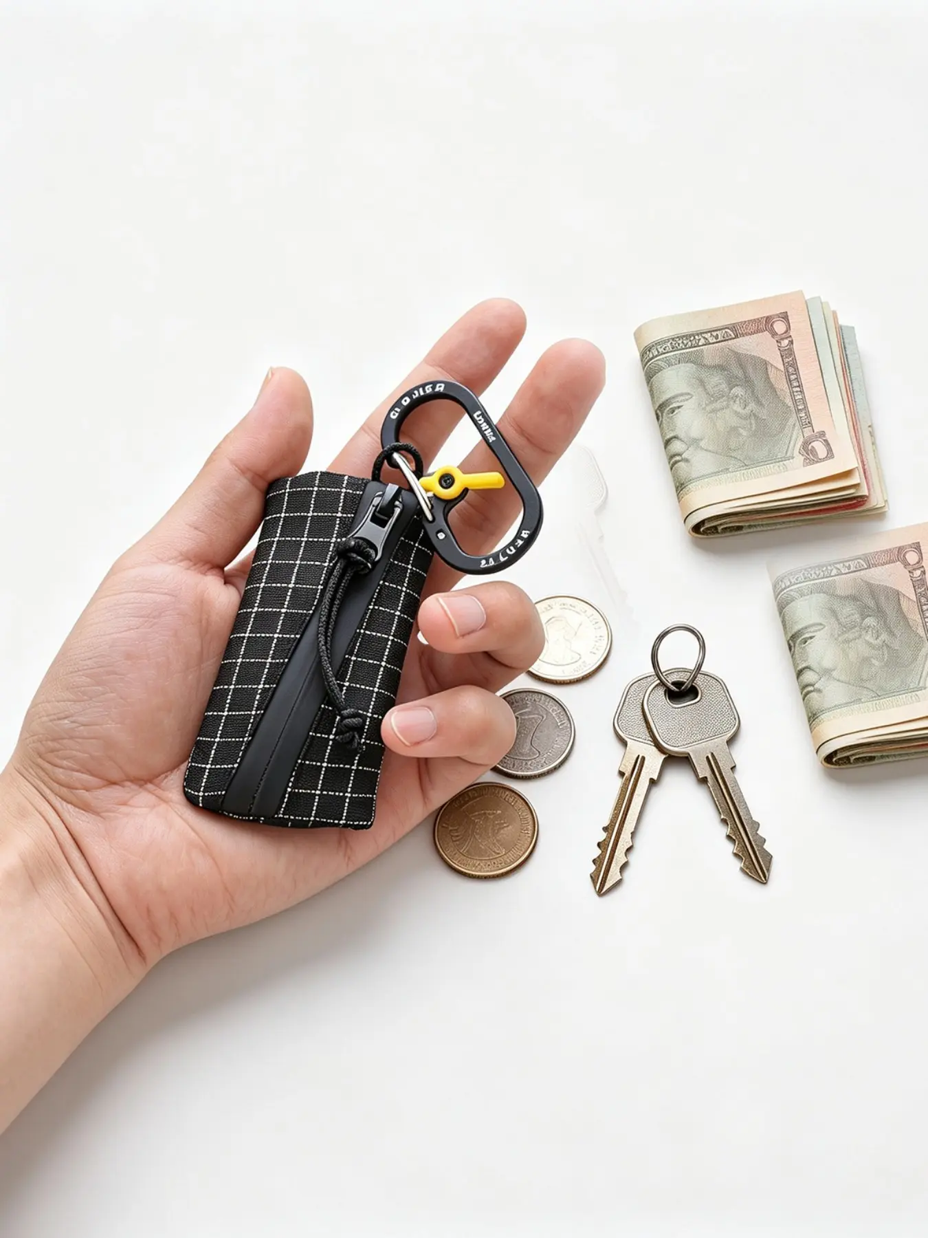 Mini Checkered Utility Pouch - Compact Everyday Carry (EDC) Keychain Organizer Multifunctional Keychain with Durable Tactical Clip, Portable Earphone & Coin Bag for Outdoor Travel, Keychain Carabiner, Keychain for Bags, Key Accessories