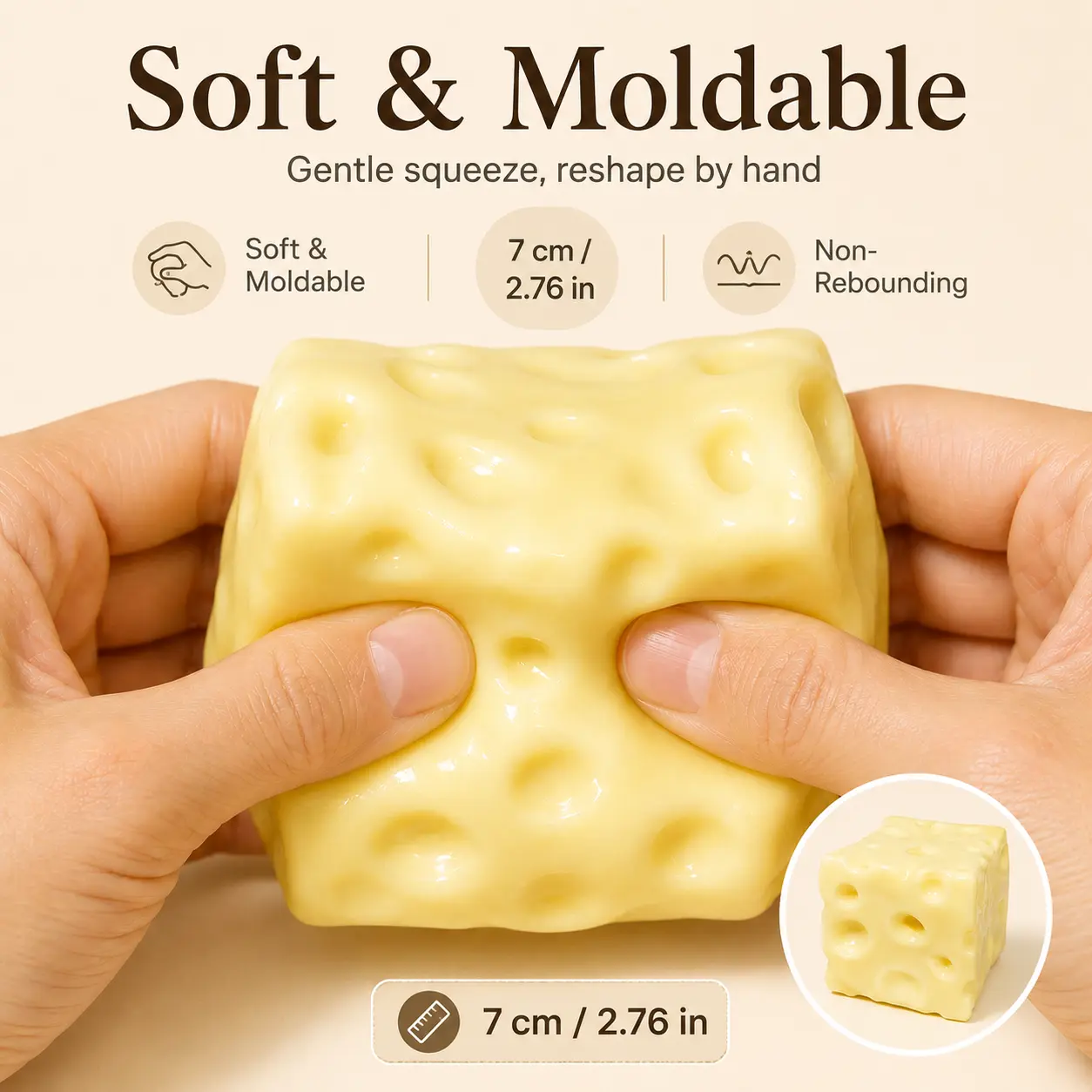 7cm Cheese Squeeze Toy, Soft Moldable Non-Rebounding Handheld Fidget Toy for Tactile Play