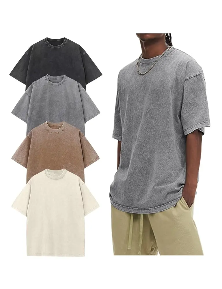 Women's Unisex Oversized Short-Sleeve Round Neck Plain Casual T-Shirt, Acid Wash Soft Vintage Cotton Heavyweight Baggy Tee, Shortsleeve, Streetwear