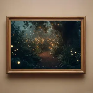 Moody Forest Print with Fireflies, Dark Academia Woodland Poster, Cottagecore Fantasy Wall Art Printable, Room Decor, Unframed