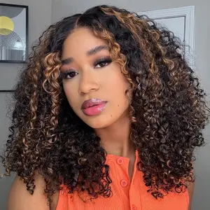 Midulla Balayage Highlight Kinky Curly Glueless Wigs Human Hair Wear and Go Pre Cut 6x4 Lace Closure Wigs Pre Bleached Ombre Brown Lace Front Wig Springtock