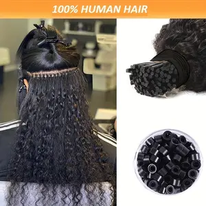 2025 NEW Fashion Deep Wave I-Tip Human Hair Extensions for Women, Pre-Bonded Micro Ring Beads, Natural Black Remy Hair, 50g/100g Pack Suitable for All People
