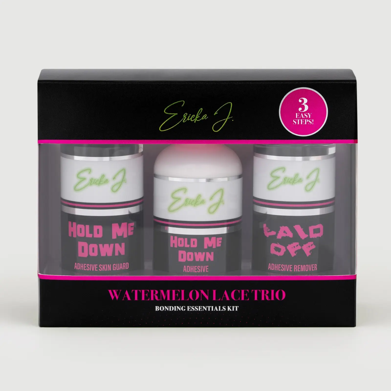 Ericka J Products, Watermelon Lace Trio Kit, Skin Guard + Strong Hold Wig Adhesive + Gentle Adhesive Remover Set, Waterproof Sweat Resistant Lace System with Spatula, 3 Piece Kit, 2.1 fl oz / 60 g Each Bodycare Set