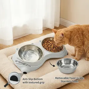 Double Stainless Steel Cat Bowls with 15° Tilted Raised Stand, Elevated Pet Food and Water Feeder Set, Non-Slip & Stress-Free for Cats and Small Dogs, Easy to Clean (Grey/Pink/Yellow/White)