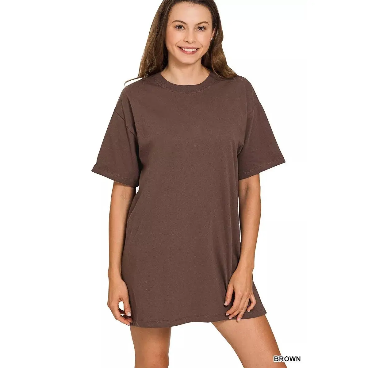 Women's 100% Soft Cotton Blend Oversized Stretchy Minimalist Round Neck Short Sleeve T-Shirt Mini Dress - Basic, Loose Fit, Imported, Casual Wear, Tumble Dry
