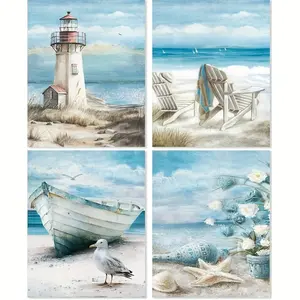 4pcs Beach Diamond Painting Kit, DIY Adult Aesthetic Wall Art Craft, Cute Drawing Pictures, 5D Decorative Wall Hanging for Home Decoration