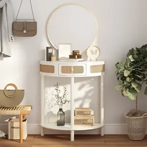 PieDle Rattan Half Moon Console Table, Modern Entryway Table with Drawer, Boho Sofa Table with Bottom Storage Shelf, Small Semicircular Tables for Hallway, Living Room