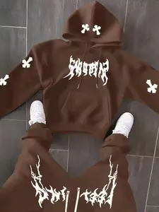 2026 Men's Black Long Sleeve Hoodie and Pants Set American Streetwear with Lightning Cross Print Stylish Casual Wear Featuring Slight Stretch and Detailed Pockets