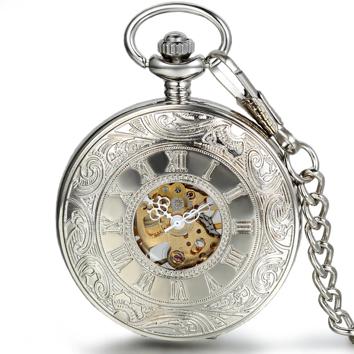 OIDEA Classic Vintage Roman Numeral Engraved Flip Cover See-Through Back Manual Wind Mechanical Pocket Watch Silver