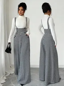 Women's Knitted Plaid Print Houndstooth Wide Leg Pants, Front Pocket Button Design, Fashionable Elegant Daily Commuter Overalls, Fall Winter
