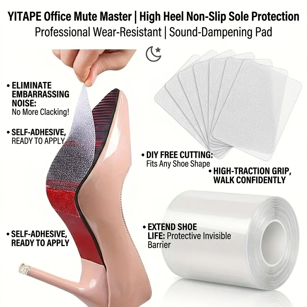 Yitape Silent Heel Pad, Anti-Slip Self-Adhesive Insole, DIY Cuttable, Durable, Noise-Free Walking, Portable High Heel Protector, Non Slip Backing, Shoe Heel Cushion