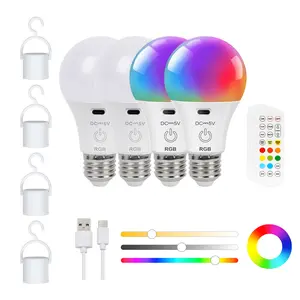 4Pack Rechargeable Emergency Light Bulbs Camping Lamp RGB LED with Remote Touch Control 150LM USB-C Charging 2600mAh Battery Timer Adjustable Rgb Lighting