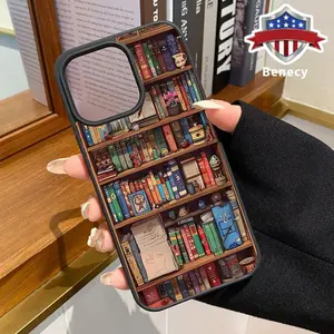 Cartoon Bookshelf Pattern Magnetic Phone Case Supports Wireless Charging for iPhone 15 16 14 Pro Max 13 12 11 XR XS Plus E Shockproof Non Slip Protection Silicone Transparent Acrylic Cover Cellphone Protective