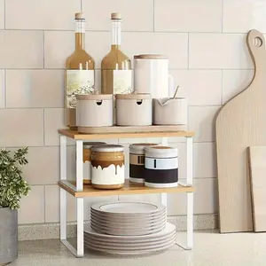 Wooden & Carbon Steel Kitchen Cabinet Organizer Set, Stackable Multi-Functional Storage Shelves, Non-Food Contact Safe Material