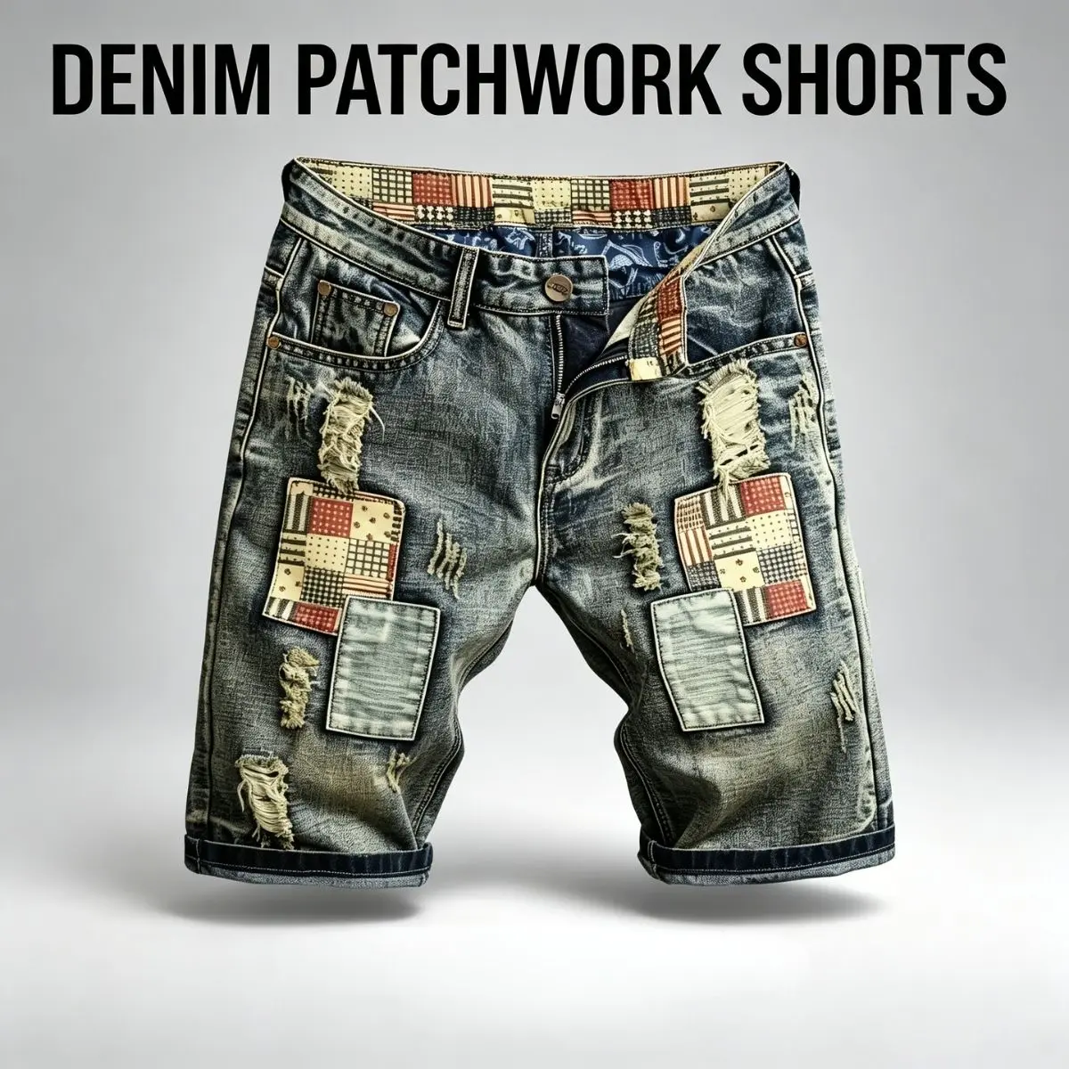 Men's Vintage Cotton Denim Button Shorts - Straight-Leg, Short Length, Unique Distressed Patchwork Repairs, Colorblock, 90S/2000S Grunge Retro Streetwear Jeans, Versatile and Trendy for Casual Summer Outings