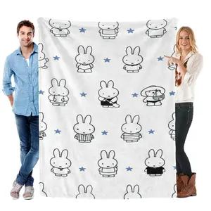 Cute Miffy Bunny Stars Pattern Throw Blanket, Charming Cozy Line Art Rabbit Print for Bedroom and Gifts