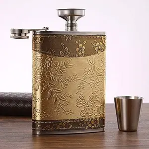 Golden pattern 8 Oz Gift 100% Stainless Steel(304/18-8 SS).Bonus 2 Shot Glass+1Funnel+1Giftbox.Flask Leak Proof Tested.Flask for Liquor/Alcohol.Flask for Men/Women