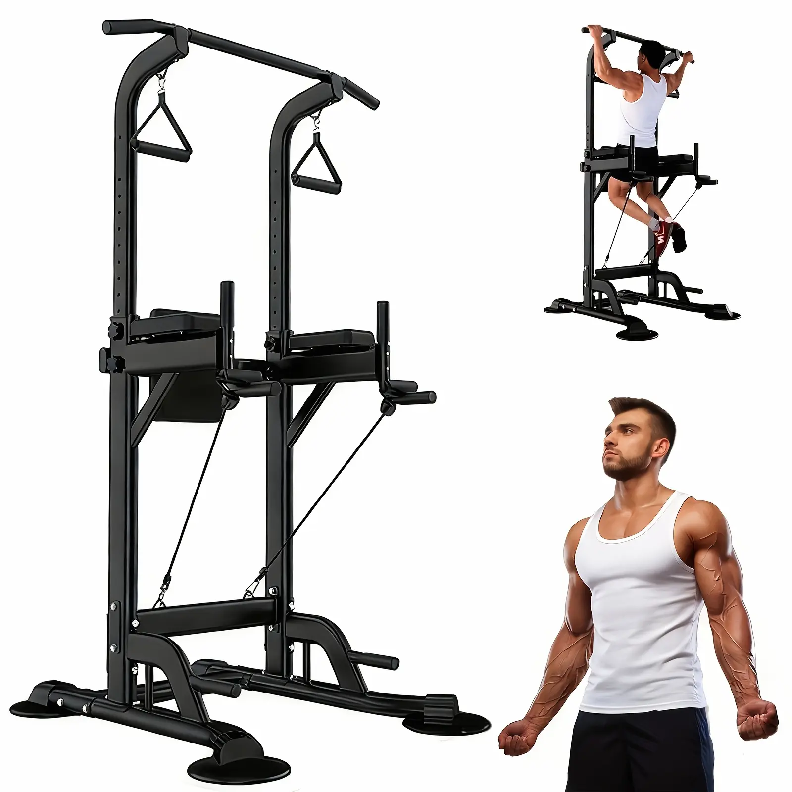 LEASBAR Power Tower Pull Up Bar Stand, Adjustable Height Pull Up Dip Station Workout Equipment Multi-Function Strength Training Exercise Equipment 330LBS for Men Women Home Gym
