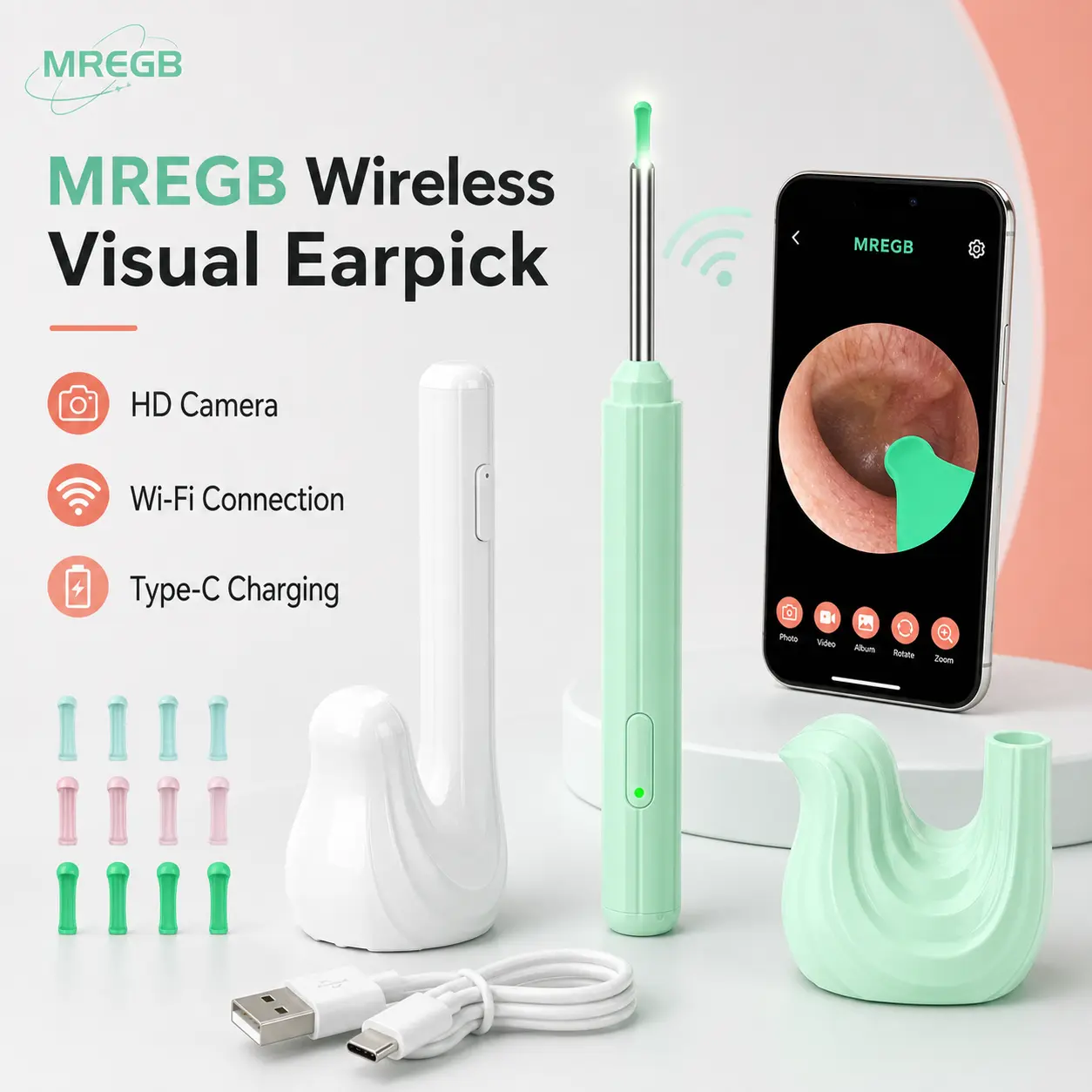 MREGB Earwax Removal Tool Kit with Camera, Portable 360° Wide-Angle Ear Cleaner, Type-C Charging, Waterproof Design, Easily and Safely Clean Your Ears, Compatible with iPhone and Android Phones, Father's Day Gift