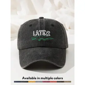Unisex Dad Cap Style Baseball Cap - 1-Piece, Adjustable Size, "LATER" Lettering Print, Trendy Minimalist Design, Vintage Distressed Denim Look, Soft-Top Comfort, Curved Brim, Washed Finish, Spring/Summer Outdoor Casual Accessory