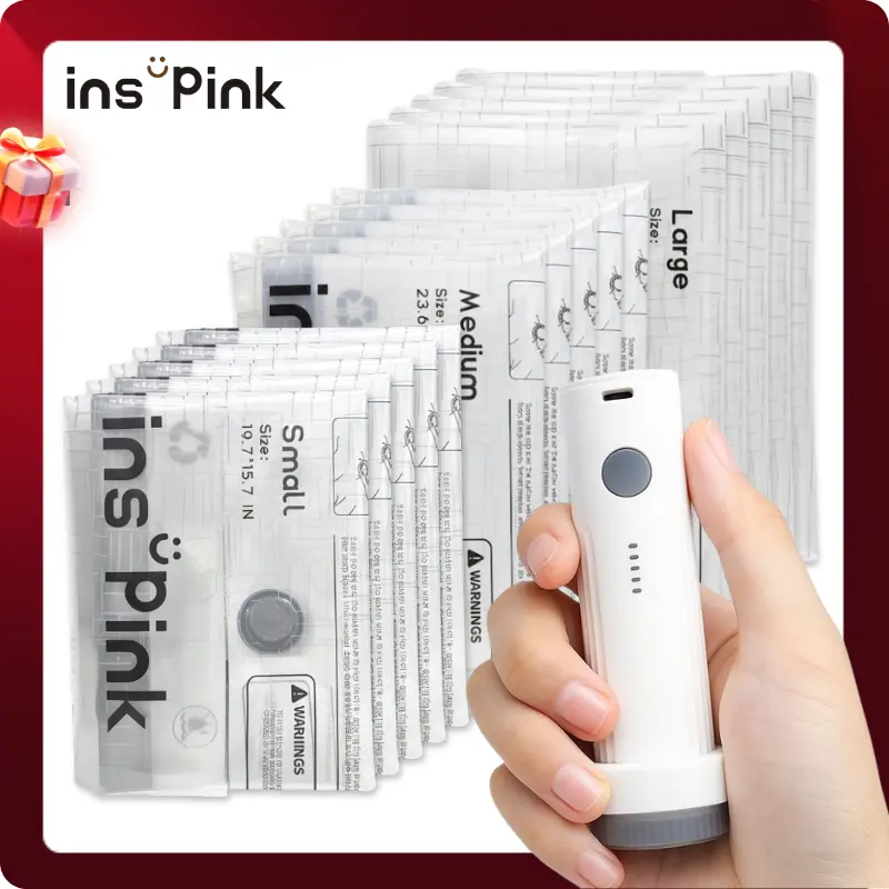 Inspink Waterproof Vacuum Seal Compression Storage Bags with 25W USB Recharge Wireless Pump, Multi-Sizes Ultra-Compact Organiser for Bedding, Business Travel, Plus Travel Organization Pouch & Zipper Pouches, Father's Day Gift (Letters-Ready), Cordless Vac