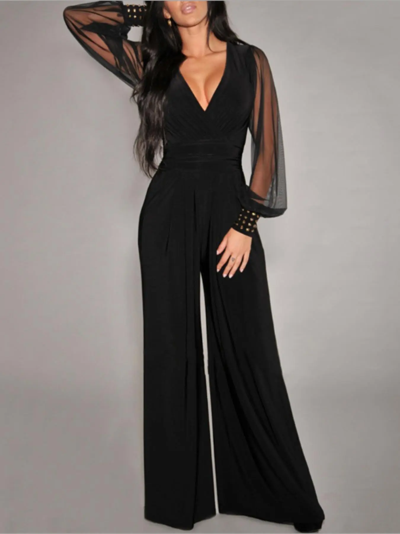 Women's Studded Decor Jumpsuit, Elegant Chic Fashion Casual Fitted V Neck Jumpsuit for Daily Outdoor Wear, Ladies Clothes for All Seasons, Womenswear
