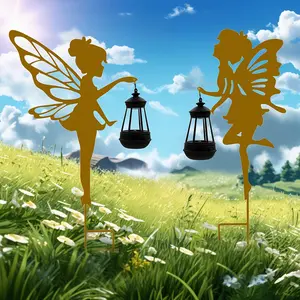 2pcs Rust Flower Fairy Lantern (small Lamp), Metal Fairy Floor Plug with Lantern, Garden Outdoor Decoration, Decorative Fairy Outline Garden Floor Plug with Hanging Lantern to Enhance The Beauty Of The Garden