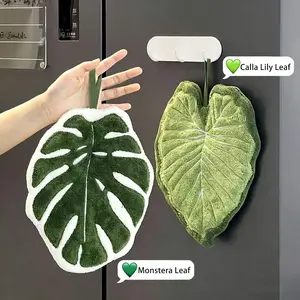 Leaf Shaped Hand Towels 2 Pack Coral Fleece Hanging Kitchen Towels Soft Super Absorbent Quick Dry Hand Towels with Hanging Loops Cute Monstera Plant Design for Bathroom Kitchen Oven Handle Living Room Home Decor Green
