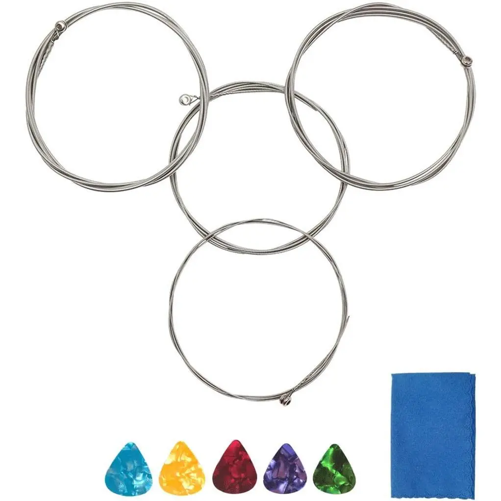 Electric Bass Strings 1 Full Set Steel Core Nickel Alloy  Nickel-Plated Ball-End with 1 count Blue Cleaning Cloth and 5 count Guitar Picks